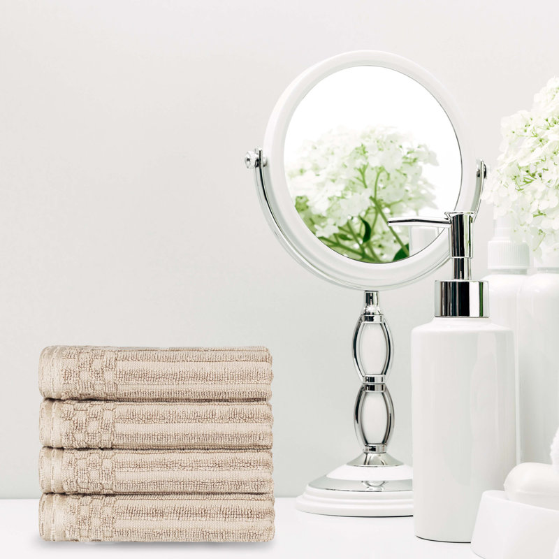 Kleiman Cotton Highly Absorbent Solid and Checkered Border Hand Towel Set, Ivory