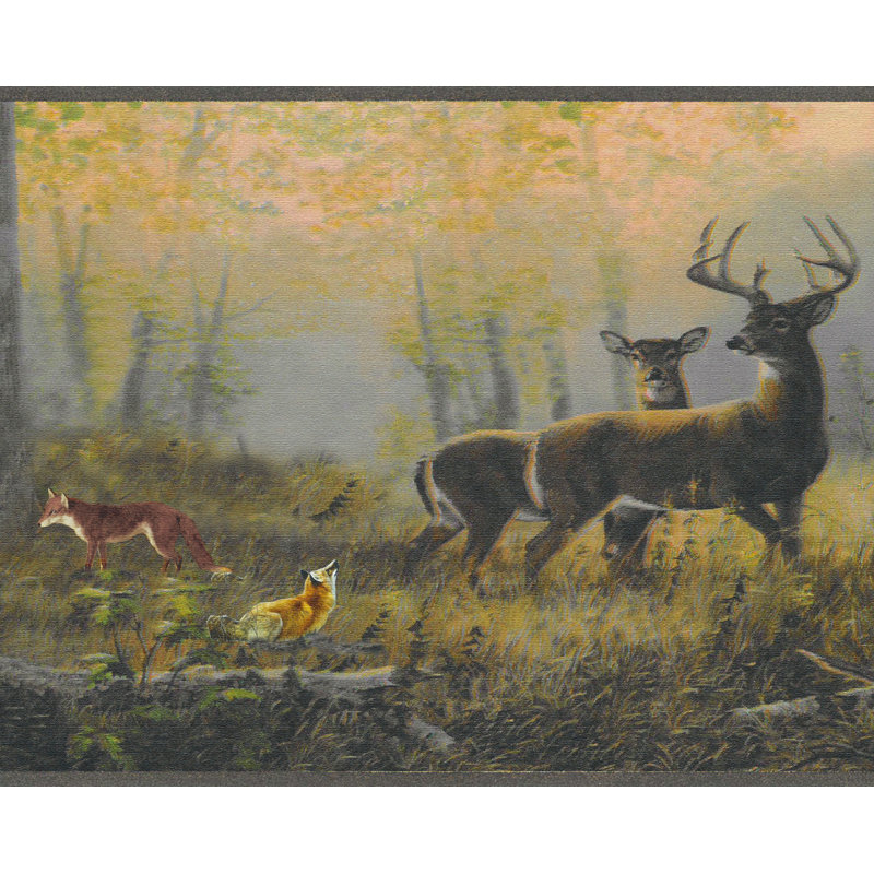 Bordure de papier peint à peler et à coller - gris, rouge, cerf jaune, bordure rétro dans la forêt, 15 pi X 7 po, auto-adhésif