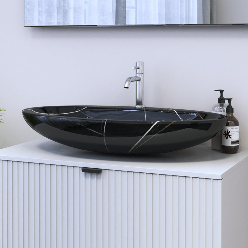 Meble Furniture 16.3" Ceramic Oval Vessel Bathroom Sink with Overflow, Black