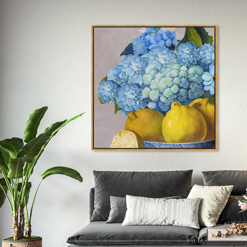 " Hydrangeas And Lemons Day " Painting Print, 41.5" H x 41.5" W, Gold Framed