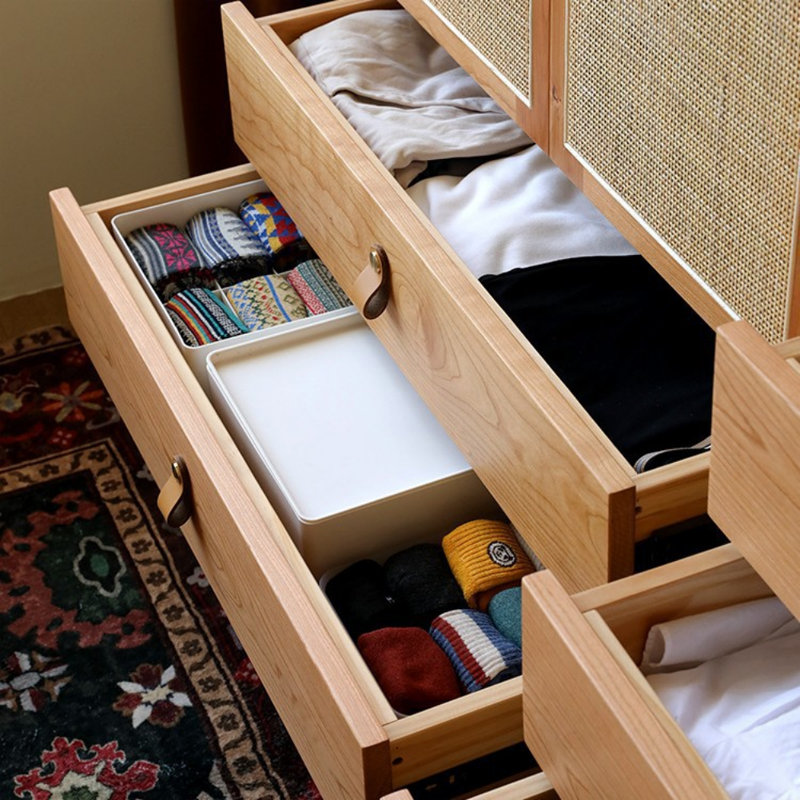 Simple Solid Wood and Rattan Woven Wardrobe