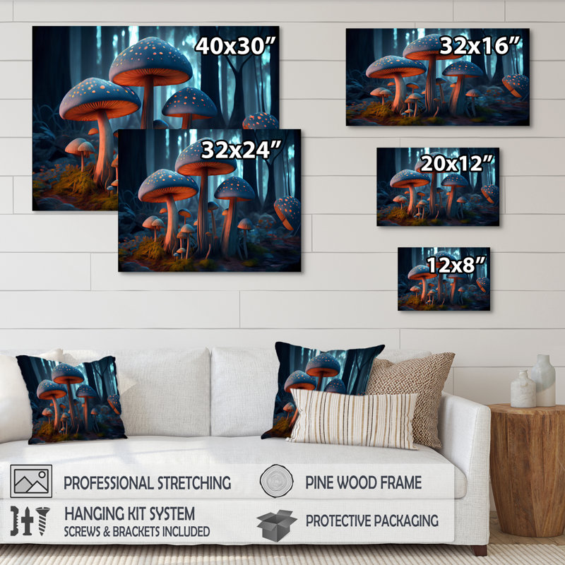 Champignons magiques qui brillent dans la forêt IV - reproduction sur toile, H 24 po x l 32 po x P 1 po, Toile tendue