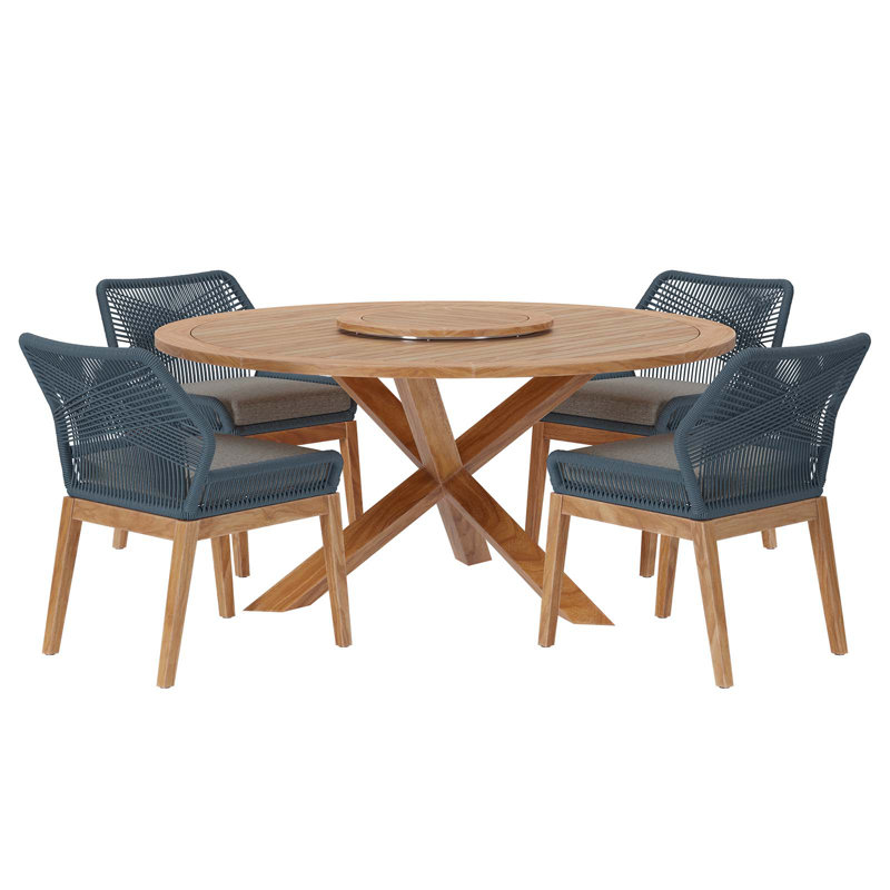 Ensemble repas en bois de teck pour l'extérieur 5 pièces Wellspring par Modway, Graphite, Bleu