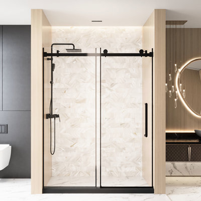 Porte de douche simple coulissante simple en verre trempé transparent de 6 à 6 mm de largeur l 56 à 60 po x H 76 po, film, rail carré en acier inoxydable et poignée en noir mat pour la salle de bain