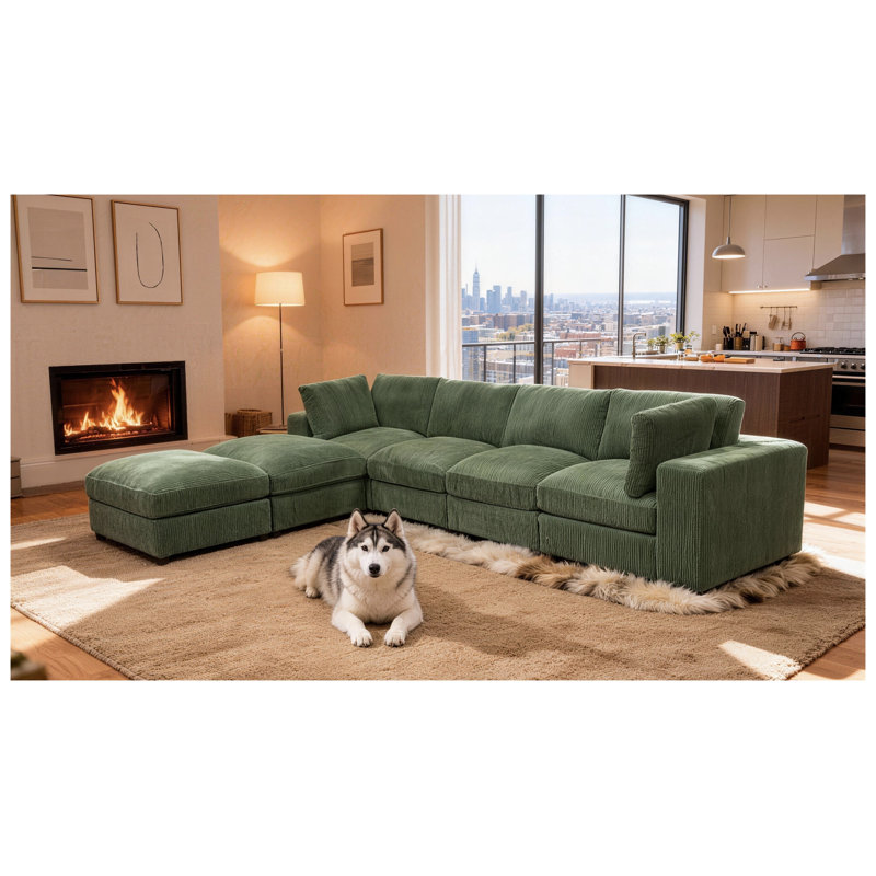 Canapé modulaire réversible en velours côtelé vert foncé avec 6 sièges
