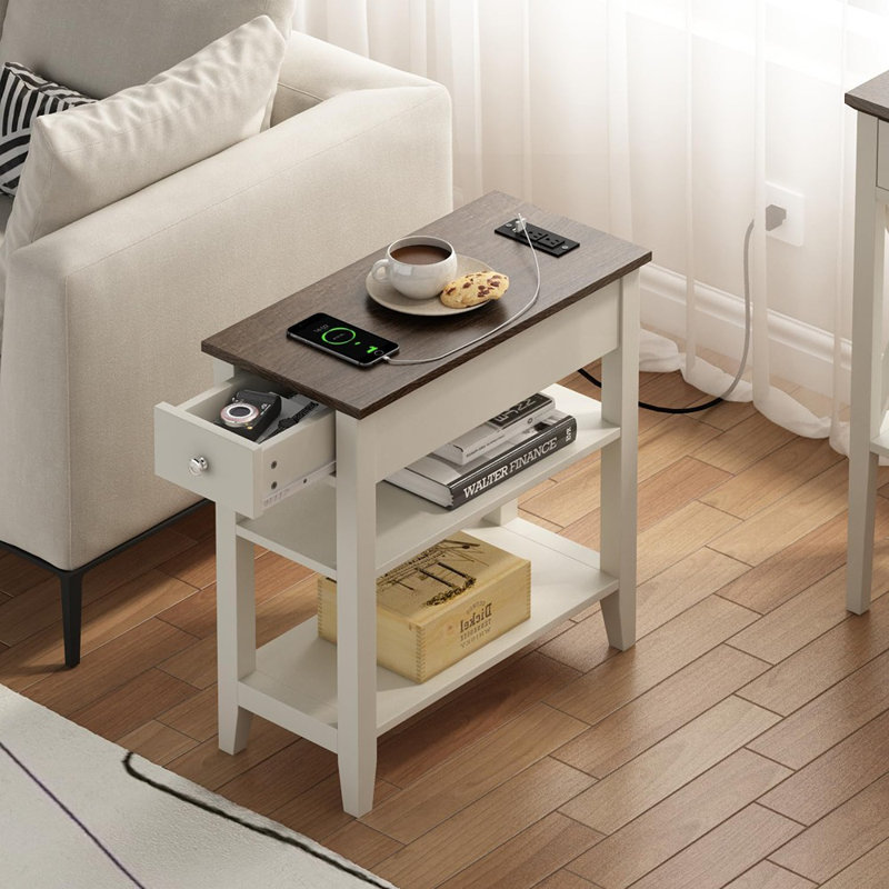 Table de bout Farmhouse, ensemble de 2, table d'appoint avec station de charge, table de chevet étroite avec ports USB et prises de courant et tiroir caché