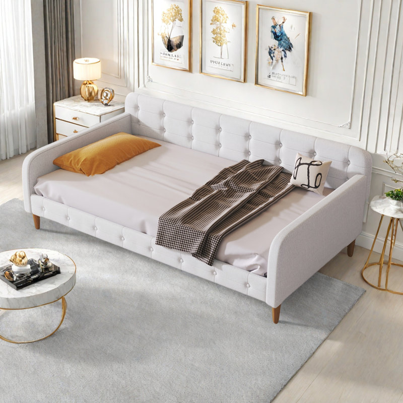 Lit de jour moderne rembourré avec 4 pieds de soutien et capitonnage à boutons, Beige, Simple