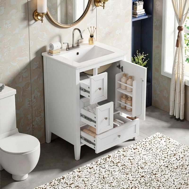 Meuble-lavabo moderne 24 po avec lavabo en céramique, tiroirs à fermeture en douceur et beaucoup de rangement, Blanc