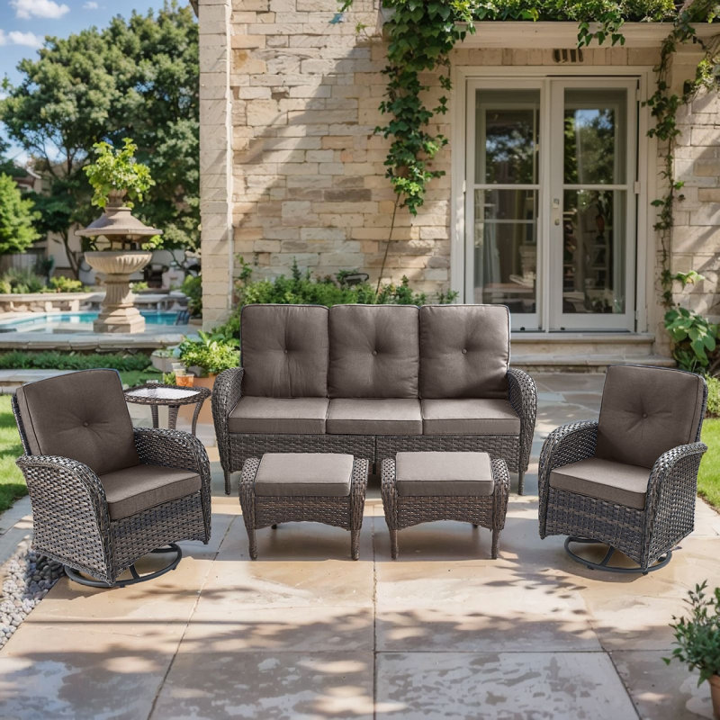 Ensemble de conversation pour patio en osier pour 5 personnes avec fauteuil pivotant avec repose-pieds et coussins Aristil