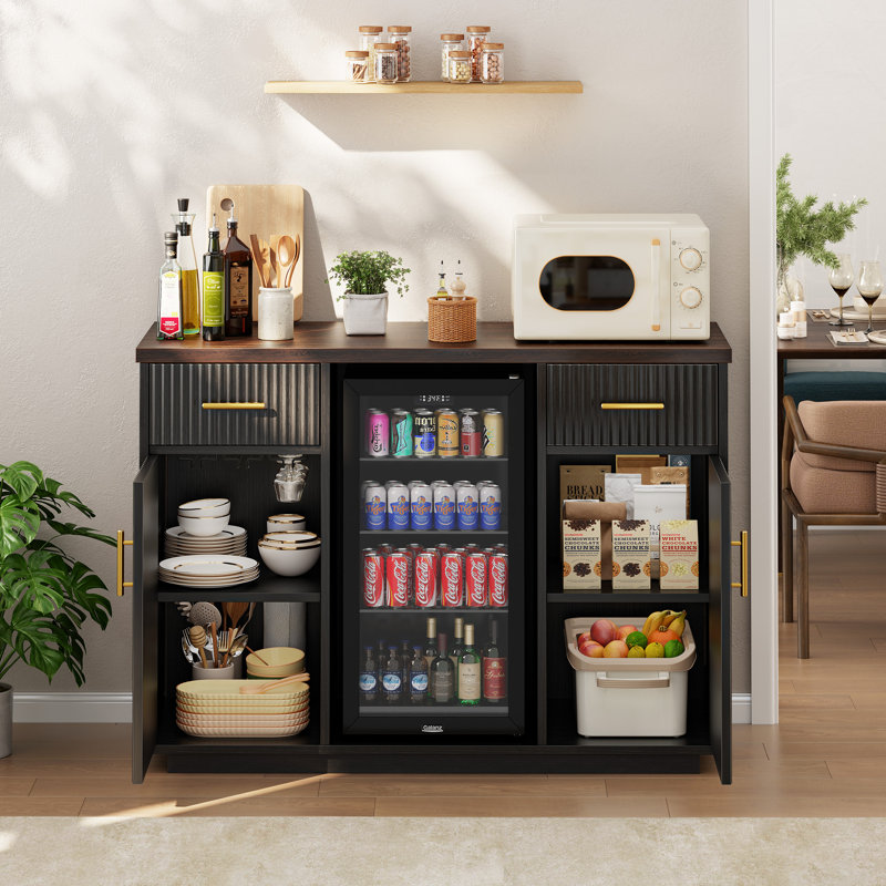 55.1'' W Coffee Bar Cabinet with Fridge Space, Buffet Sideboard Table with Charging Station, Black/Brown