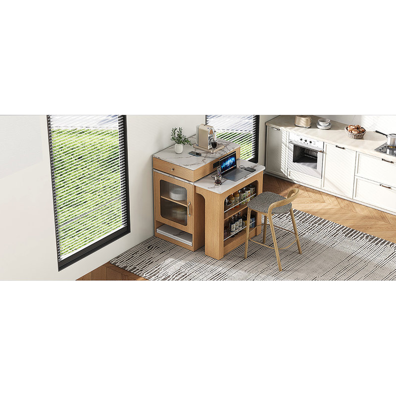 59.5"Kitchen Island With Extendable Dining Table, Kitchen Storage Table With Double-Sided Storage, Kitchen Island With 2 Drawers, Power Outlet, Side Open Shelves, For Kitchen, Dining Room, Natural