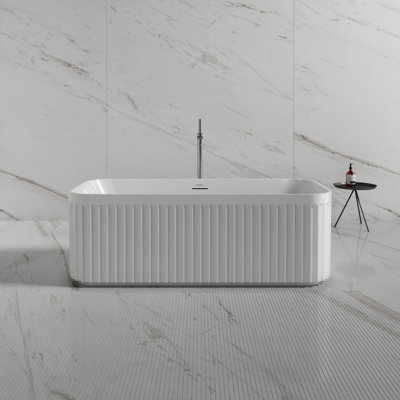 Baignoire autoportante MonBlari 150 x 75 cm en acrylique blanc cannelé avec trop-plein et bonde rétractable pour salle de bain