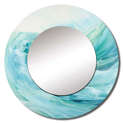 Seroka Teal Storm And Wave Expression II - Waves Wall Mirror, Coastal Round Decorative Mirror, Printed Metal Art