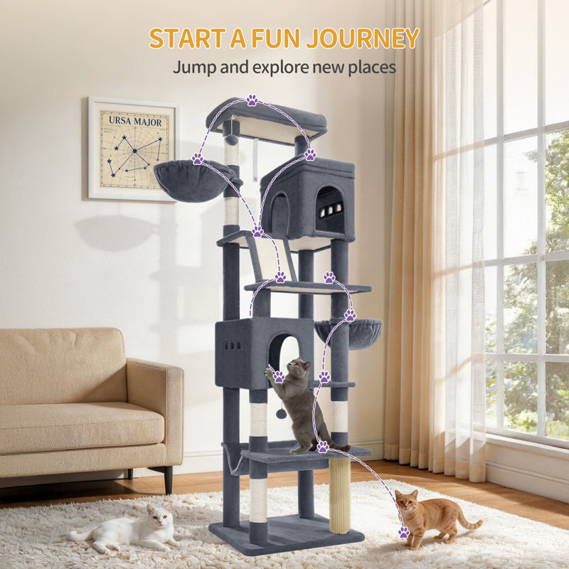 Large Sturdy Cat Tree Tower, 75 Inch Tall Pet Condo For 7 Large Cats, Cat Tree Indoor Climbing Activity Tower, 2 Large Platform/2 Cave/2 Hanging Basket/5 Scratching Post, Dark Grey