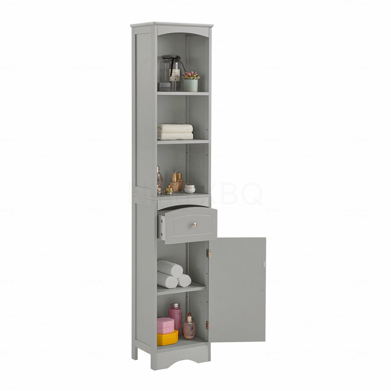 Grande armoire de salle de bain, armoire de rangement autoportante avec tiroir, panneau de fibres à densité moyenne, tablettes réglables