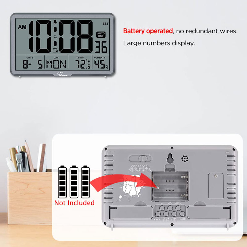 Auto Set Digital Wall Clock Battery Operated, Desk Clocks With Temperature, Humidity And Date, Large Display Digital Calendar Alarm Clock