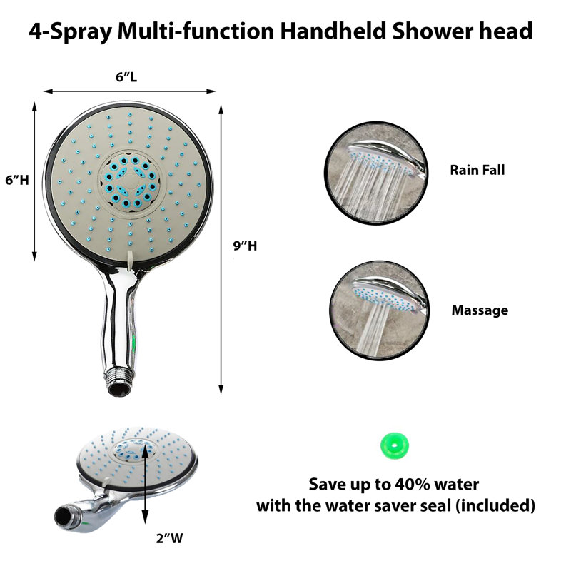 Large 4-Spray Multi-Function Universal Handheld Shower Head Chrome