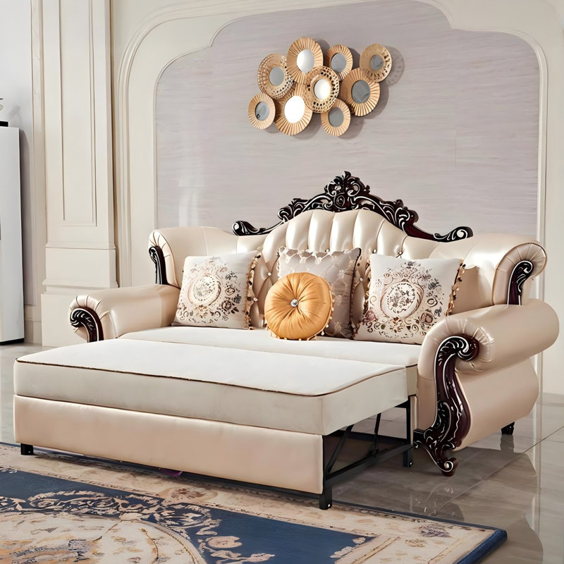 Canapé-lit convertible 90,55 po Modern Light Luxury Champagne extensible, structure en bois massif sculpté avec surfaces de contact en cuir fleur