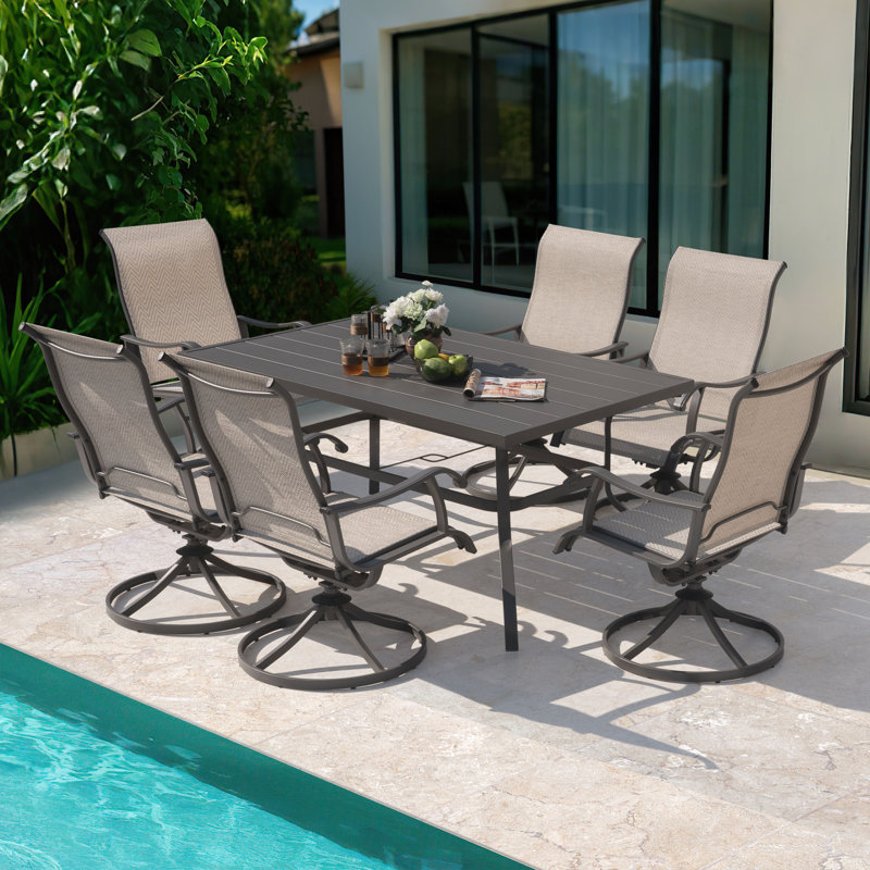 Patio 7 Pieces PVC-coated polyester Dining Set with Swivel Design, Umbrella Hole, 6