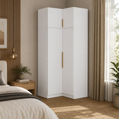 Bernard 90.6" H White Tall Corner Wardrobe – Top Storage Cabinet, Anti-Tip Kit Included, Hanging Rod, Minimalist Wood-Tone Handles