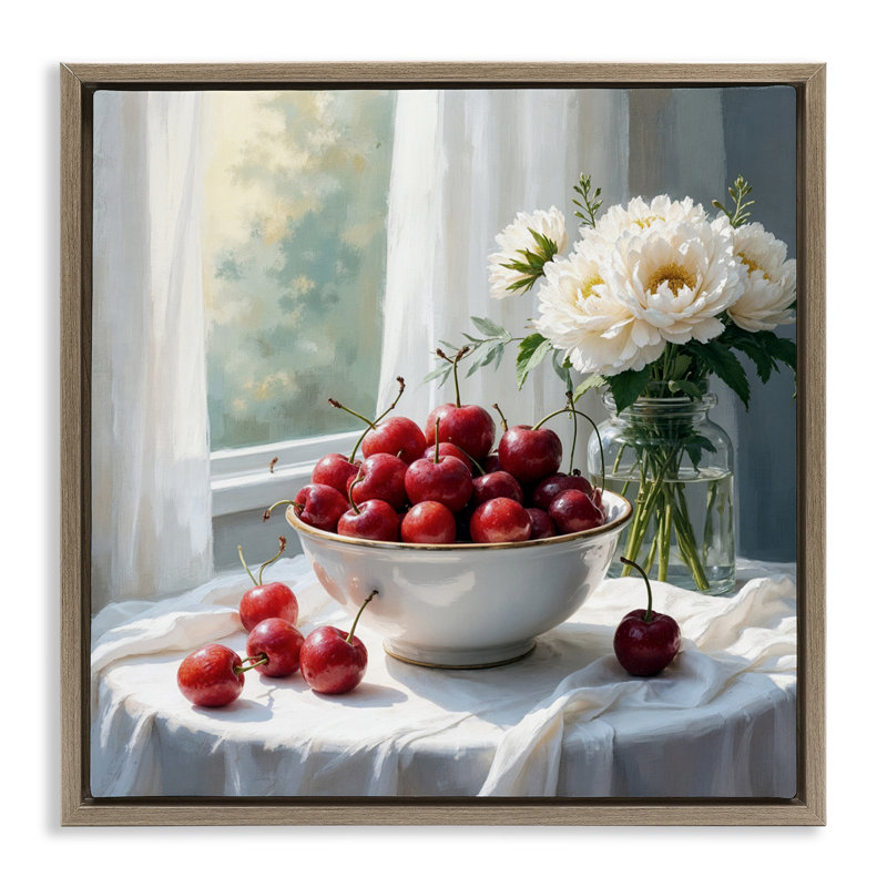 Cadre flottant cerises et fleurs nature morte, design par lettré et doublé, Cadre flottant orme Montalcino, H 18 po x l 18 po