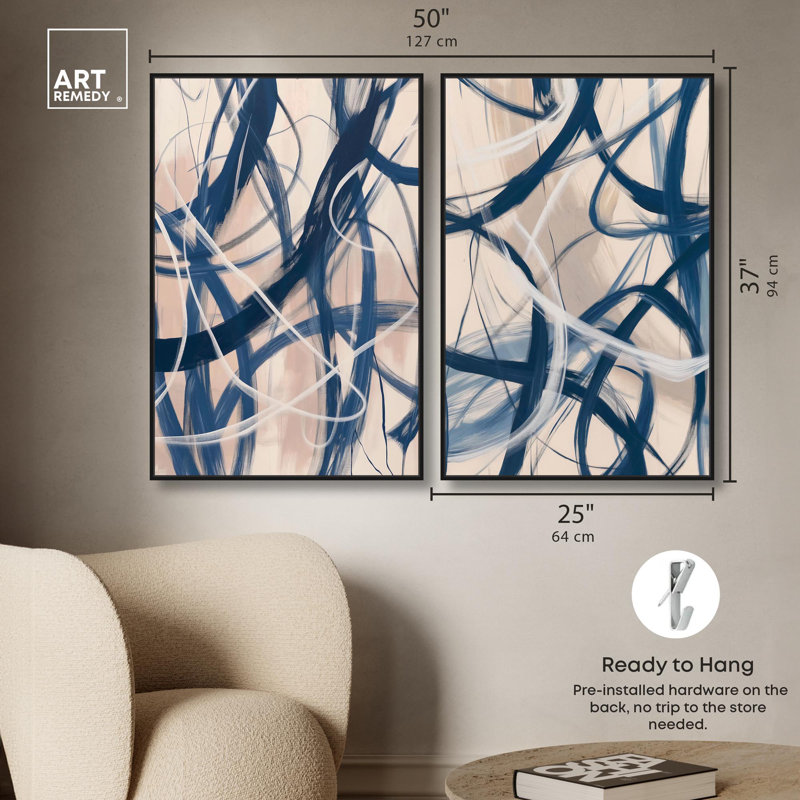 «Blue Lines», ensemble de 2 ensembles abstraits sur toile par Art Remedy, H 36 po x l 24 po, Toile tendue