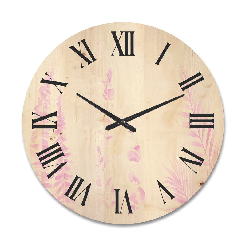 Horloge murale en bois rosé roseucalyptus et branches de palmier, Grand