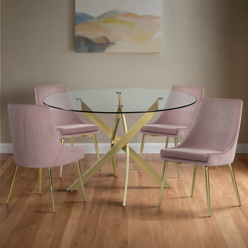 Meridian Furniture Juana Dining Table + 4 Dining Chair Set, Gold, Pink