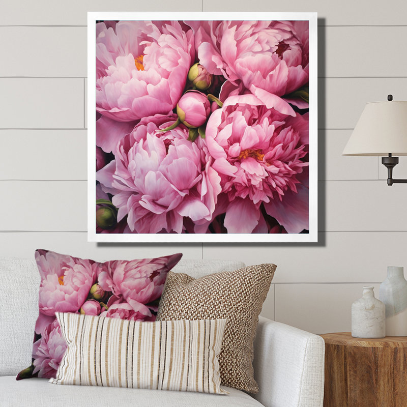 Pivoine rose verte captivante II - art floral sur toile, Cadre photo blanc, H 16 po x l 16 po x P 1 po