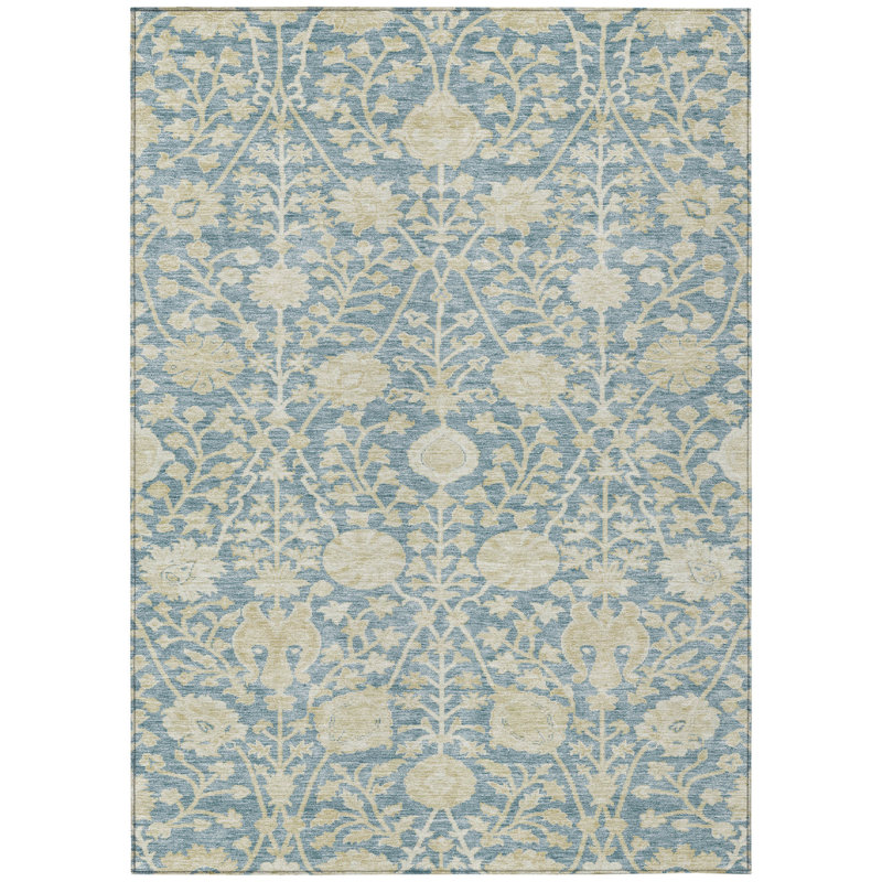 Tapis extérieur lavable floral bleu ciel et beige 5 pi x 8 pi