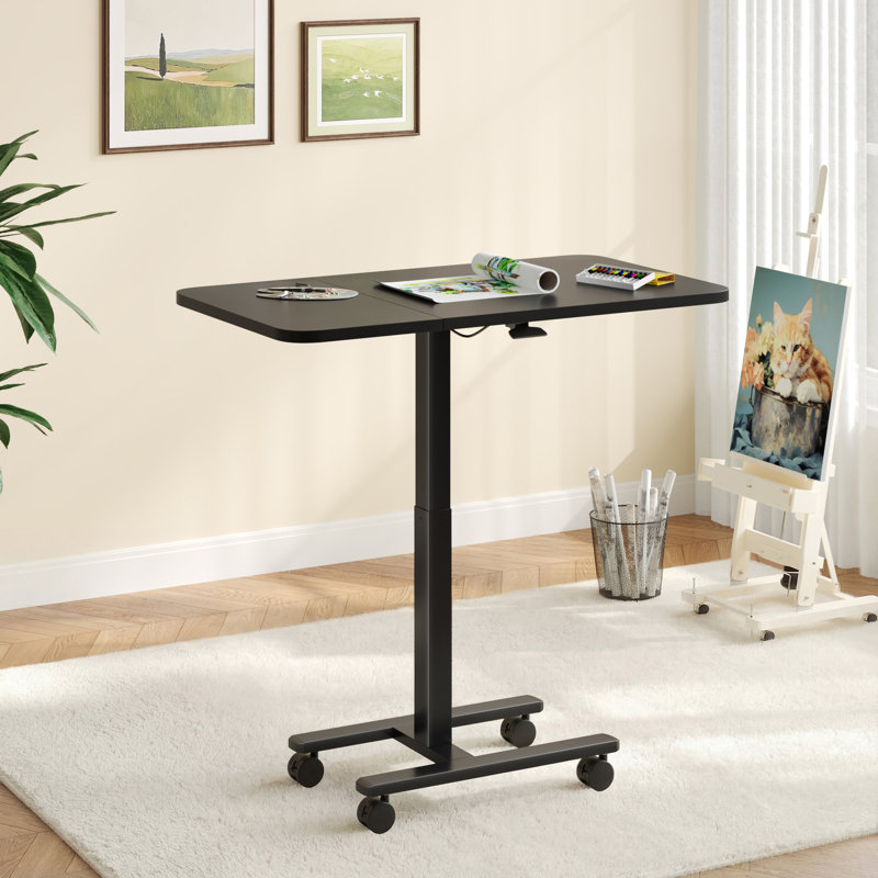 Table de bout pneumatique en forme de C à hauteur réglable avec rallonge pliable et roulettes verrouillables, Noir