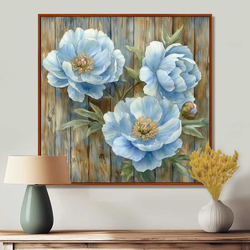 Grandes pivoines bleues par la porte de la ferme III - pivoines, art mural, Impression encadrée flottante, Brun