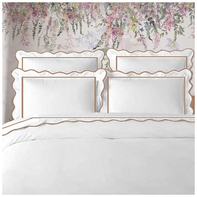 400TC Cotton Scallop Embroidery & Border Sateen Solid Duvet Cover Set, California King/King Duvet Cover, White/Taupe