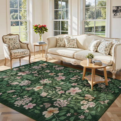  Floral Washable Area Rug Non-Slip Stain Resistant Low-Pile Boho Large Indoor Throw Carpet