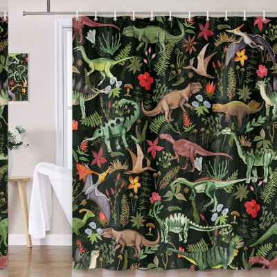Dino Jungle Fun Shower Curtain - Cute Cartoon Dinosaurs for Kids Bathroom Decor, 72x72IN with Hooks Included