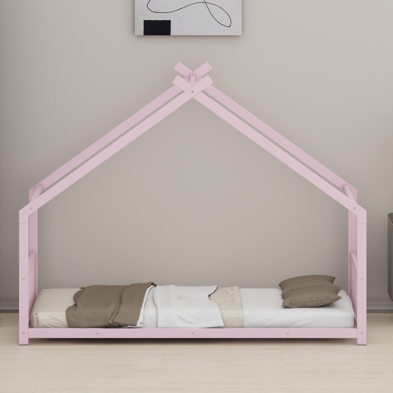 Kids Metal Bed Frame with Frame House Silhouette, Pink