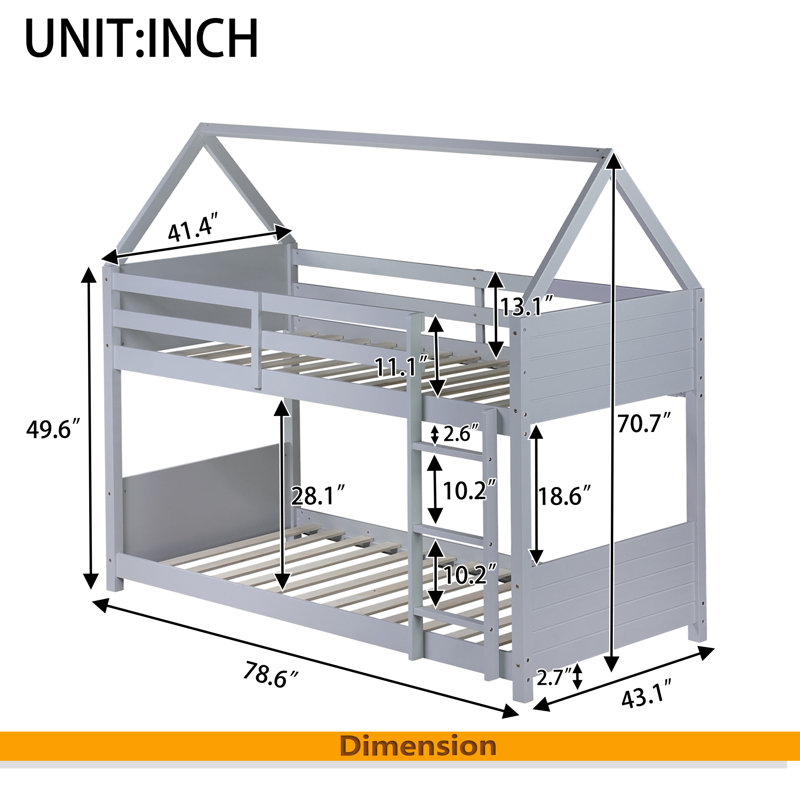 Twin Over Twin House Floor Bunk Bed With Headboards, Footboards And Guardrails, Ladder, Rubber Wood Bunk Bed With Safety Guardrails