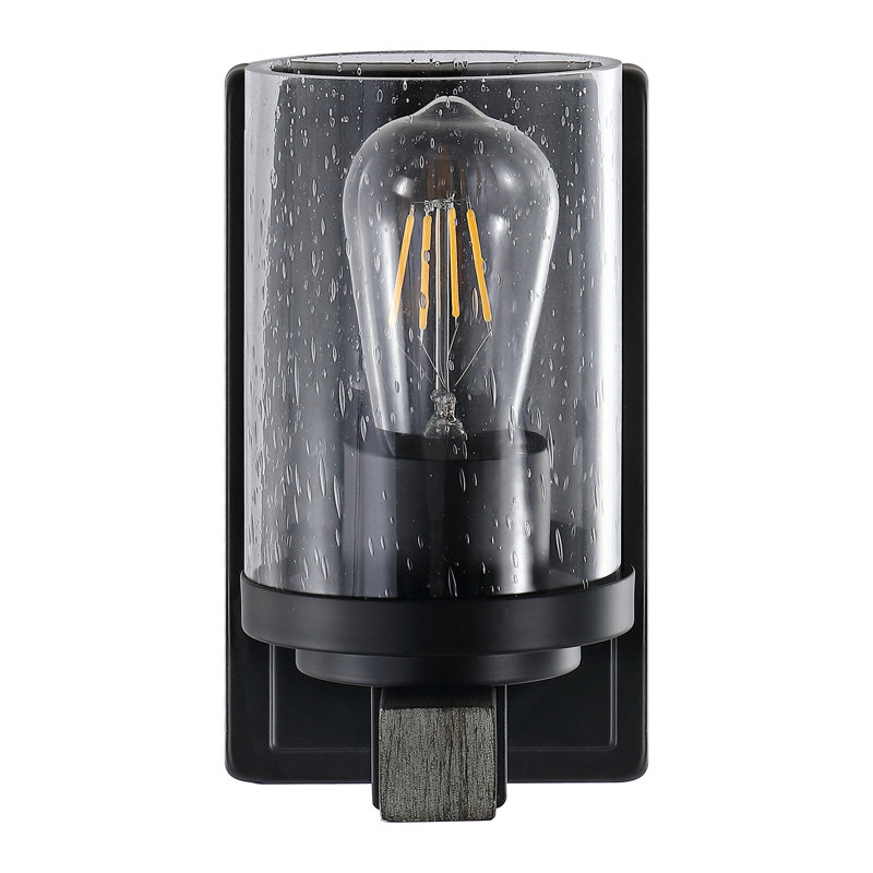 Borth Iron/Seeded Glass Rustic Farmhouse LED Vanity Light, 1 Light, Matte Black/Gray Oak