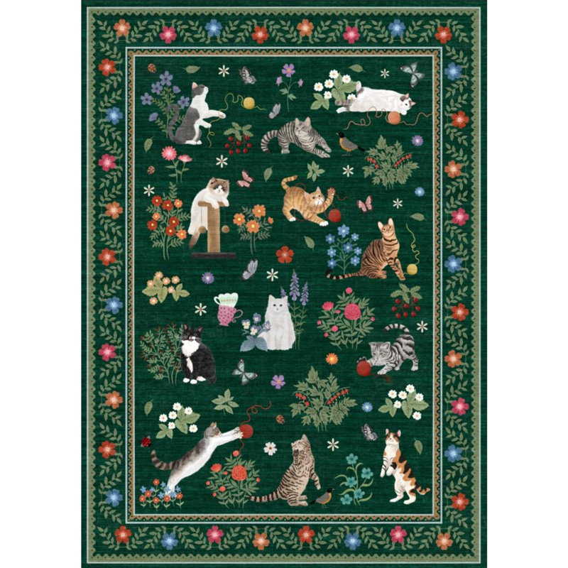 Tapis lavable à bordure florale pour salon Chat d'intérieur avec tapis décoratif moderne antidérapant pour Dortoir, Vert