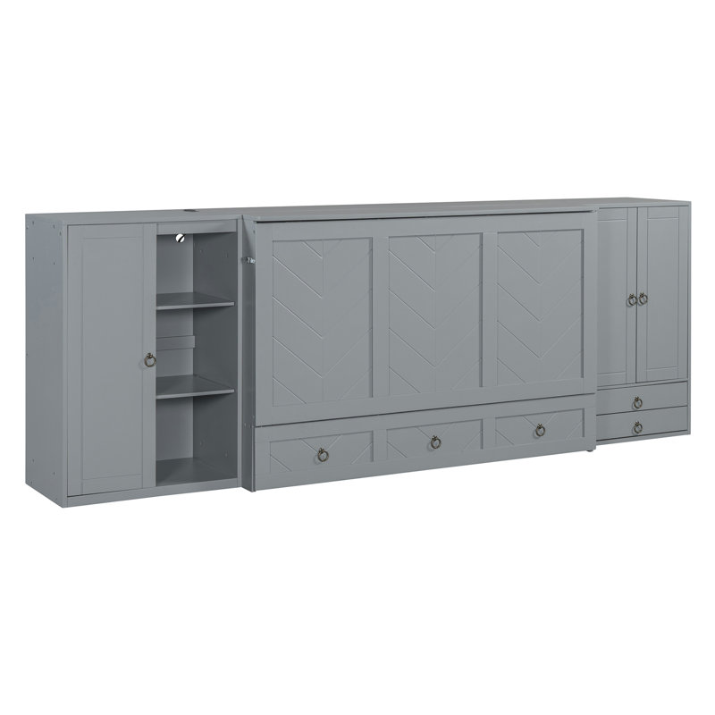 Grand lit escamotable avec port USB, petites armoires et tiroirs, Gris