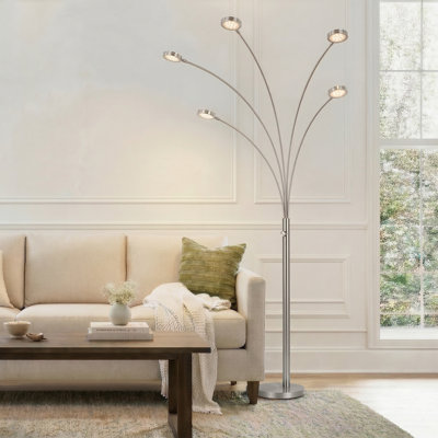 Orion Nickel 74" Modern LED 5-Arm Arc Floor Lamp With Metallic Rotating Heads