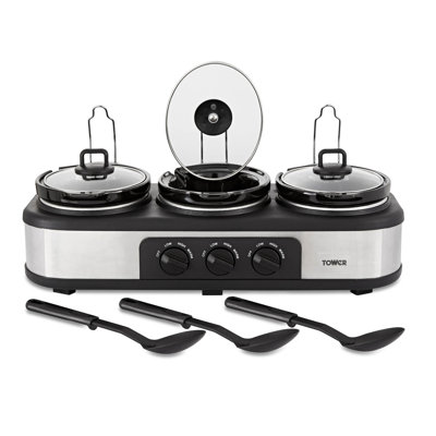 Tower T16015 Three Pot Slow Cooker with Independent Temperature Controls, Keep Warm Function, 4.5L, Stainless Steel