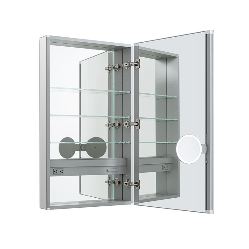 Charnière droite de l 24 po x H 30 po x P 5 po Royale, armoire à pharmacie, désembueur, miroir grossissant ajustable 3 fois, prises électriques.