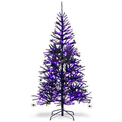 Arbre de Noël articulé noir d'Halloween avec lumières mauves 6 pi The Holiday Aisle®