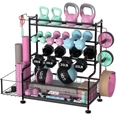 3-Tier Dumbbell Rack with Wheels, Heavy-Duty Home Gym Weight Storage Rack with Hooks & Side Basket for Kettlebells, Yoga Mats and Strength Training Eq