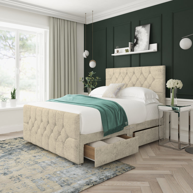 Upholstered Bed, Right Side Drawers, Small Single (2'6), Oatmeal
