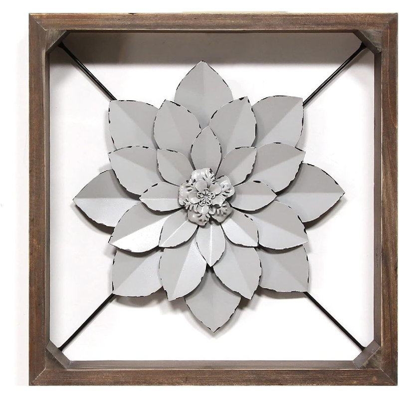 Hanging Framed Metal Flower Wall Decoration Art, Gray