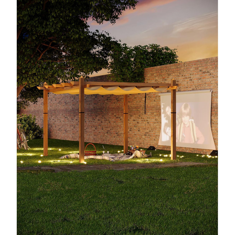 Outdoor Retractable Pergola Aluminium Pergola Canopy with Adjustable Roof, Upgraded Faux Wood Grain Modern Metal Patio Pergola for Deck, Backyard Garden, Porch, Grape Trellis