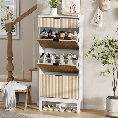 Armoire à chaussures avec 3 tiroirs rabattables, range-chaussures cannelé Farmhouse avec pieds en métal, étagère à chaussures étroite autoportante pour le couloir, le vestibule