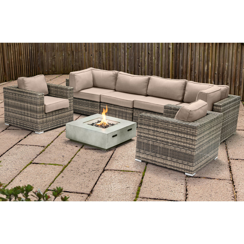 Ensemble de conversation modulaire 6 pièces avec coussins Sunbrella et foyer d'extérieur Lsi, Beige